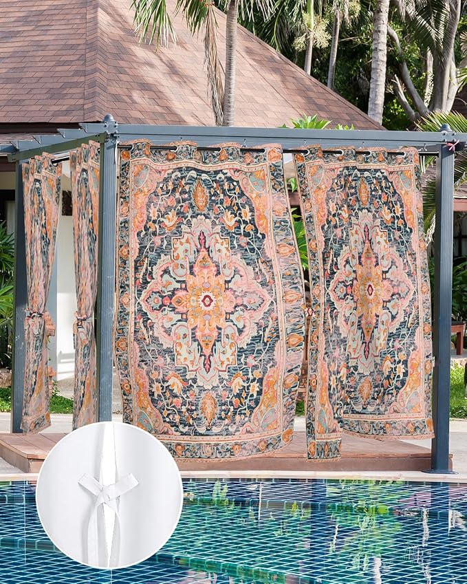 Rustic Boho Outdoor Curtains for Patio Waterproof, Grommet Privacy Curtain Drapes Weatherproof Outside Curtains for Porch GazeboPergola Cabana 2 Panel 54x95inch Ethnic Turkish Floral Geometric