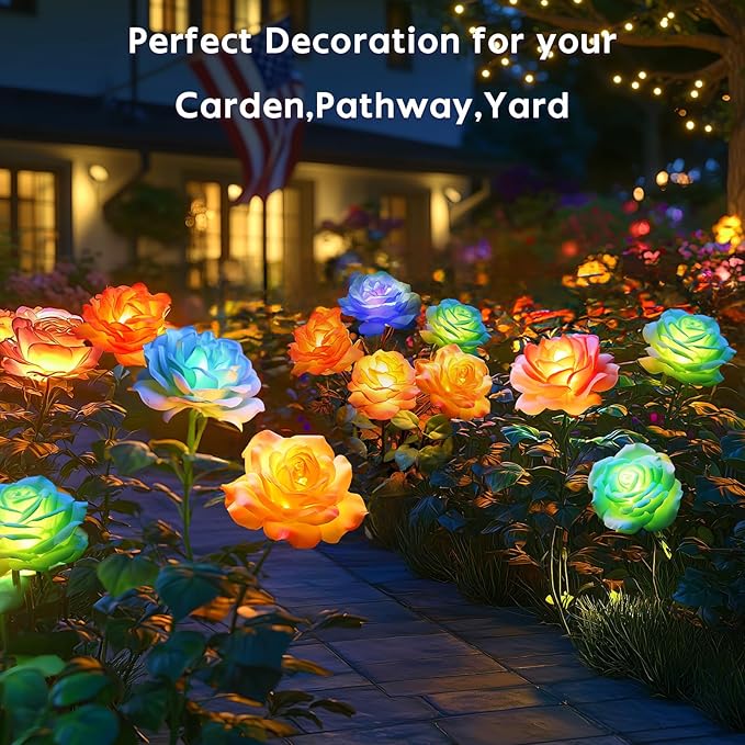 Solar Rose Lights Outdoor: 10 Pack IP65 Waterproof 7-Color Changing LED Flower Stakes for Garden Pathway Patio Lawn Decorative - Auto On Off 10H+ Lighting