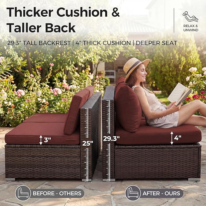 NICESOUL 11 Piece Modern Outdoor Patio Furniture Set with Firepit Propane/Natural Gas, 29.3'' High Back Wicker Conversations, 10 Seater Large Wide Sectional for Outside, Brown Rattan and Red Cushion