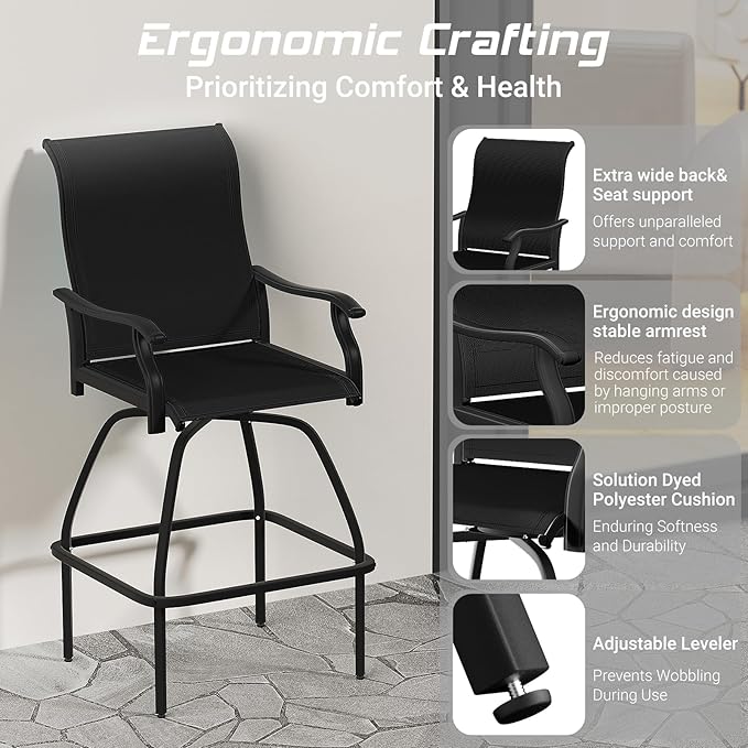 LEVELEVE Patio Bar Set 2pcs Swivel Bar Stools Outdoor Bistro Textilene Furniture Stability All-Weather Set (2, Black Padded)