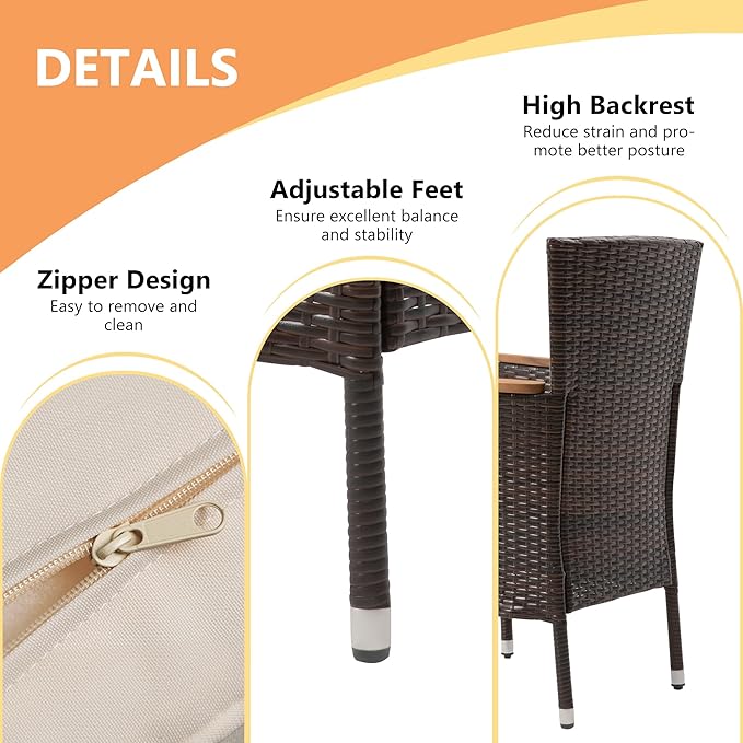 RoyalCraft 5 Piece Patio Wicker Dining Sets for 4, Water-Resistant Rattan Outdoor Dining Table and 4 Chairs with Wood Table Top, Conversation Set for Deck, Garden, Backyard, Removable Cushions, Brown