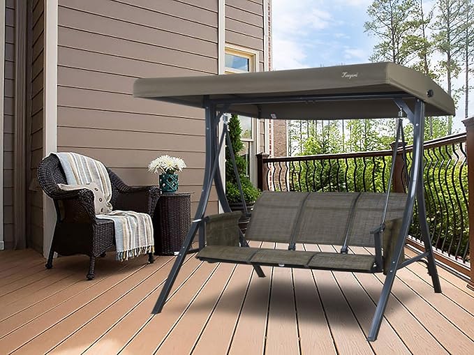 Kozyard Brenda 3-Seat Outdoor Porch Swing Glider, Patio Swing with Adjustable Canopy, Steel Frame, Breathable Textilene Seat & Back, Side Pockets (Taupe-Brown)