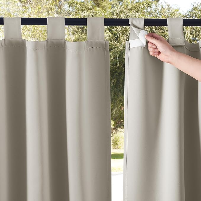 NICETOWN 2 Panels Natural Outdoor Patio Curtainss Waterproof, Detachable Sticky Tab Top Thermal Insulated Privacy Indoor Outdoor Drapes Cold & Heat Block Room Darkening for Pergola, W52 x L84
