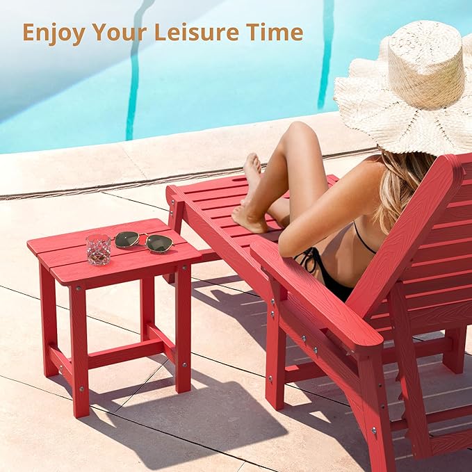 LUE BONA Outdoor Side Table, HDPS Small Outdoor Adirondack Side Tables, Outside End Table for Patio, Porch, Deck, Pool, Weather Resistant/Easy Maintenance, Bright Red
