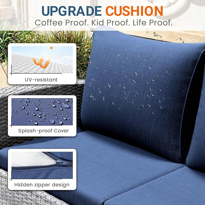 Wisteria Lane 4 Piece Patio Furniture Set, Wicker Outdoor Patio Conversation Furniture Set, All Weather Outdoor Patio Sofa with Cushion and Glass Table, Navy Blue