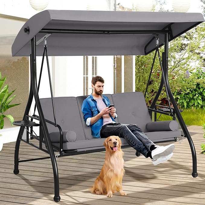 Grepatio 3-Seat Outdoor Porch Swing with Adjustable Canopy, 3 Person Convertible Porch Swing Bed with Stand, Heavy Duty Patio Swing with Cup Holder and Pillows, Cushion for Garden, Poolside (Grey)