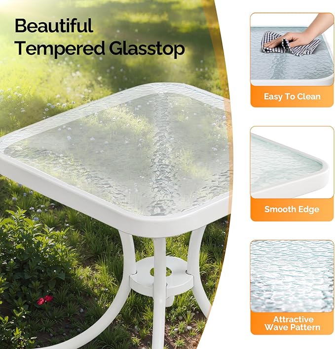 VINGLI Outdoor Side Table, 18in Patio Table Steel Frame Tempered Glass Top, Weatherproof Small Tables for Balcony Garden Poolside (White, Square)