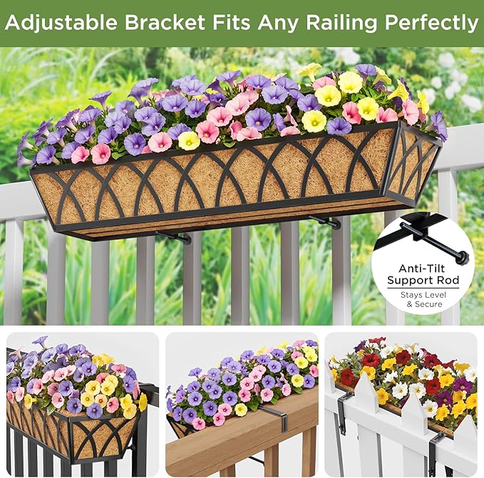 30 Inch Window Deck with Coco Liner, Fence Metal Hanging Flower Planter Window Basket Deck Railing Planter Boxes for Outdoor Garden Lawn，30" Window Boxes Horse Trough with Coconut Coir Liner, 2pcs