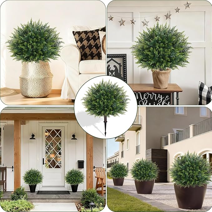 Waipfaru Artificial Plants Outdoor, 23'' Artificial Cedar Topiary with Ground Spike, UV-Resistant Fake Plants Fake Bushes for Outdoor Indoor Garden Front Porch Decor (4Pcs)