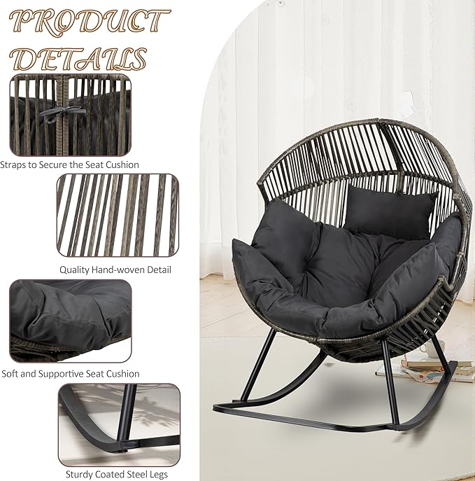 Shintenchi Wicker Egg Chair,Oversized Outdoor Indoor Rocking Chair,Large PE Rattan Rocking Chair with Cushion for Patio, Balcony, Backyard, Garden,Deep Grey