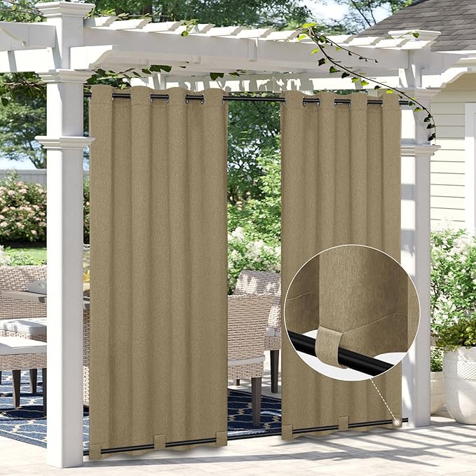 Easy-Going Linen Look Outdoor Curtains Waterproof Windproof Porch Curtains, Soft Thicken Outdoor Privacy Curtains for Patio, Gazebo, Grommet Top and Tab Bottom Drape, 1 Panel, 54x96 inch, Khaki