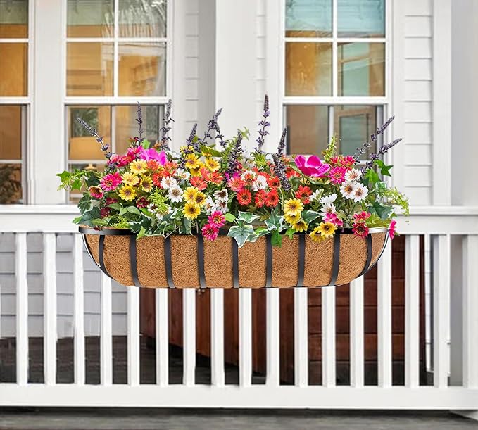 Y&M 30" Iron Window Deck Railing Planter Box 4Pcs with Coco Liner, Metal Horse Troughs Fence Planter for Outdoor Balcony Rail Fence Porch Patio