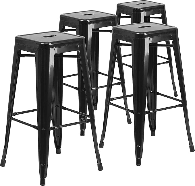 Flash Furniture Lily 4 Pack Commercial Grade 30" High Backless Black Metal Indoor-Outdoor Barstool with Square Seat