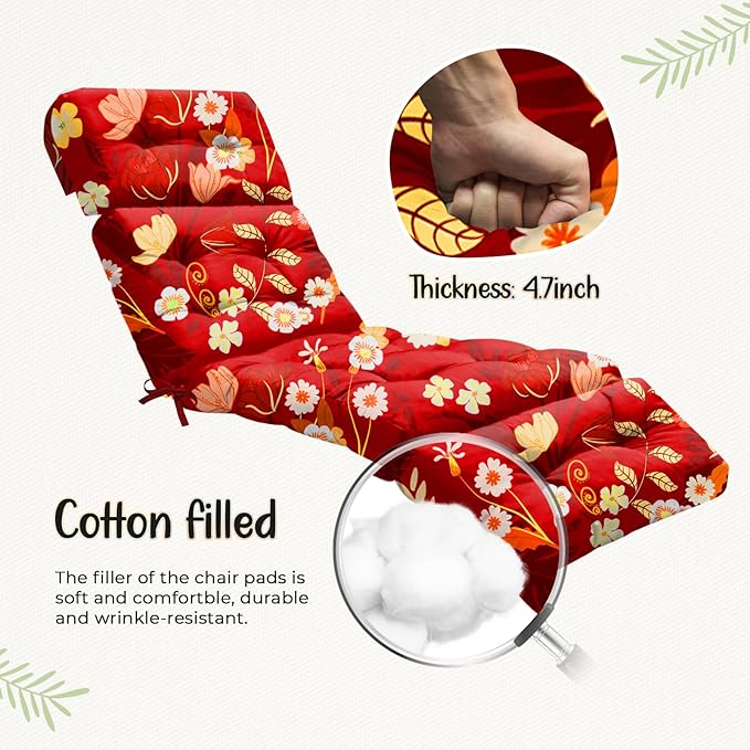 Outdoor Chaise Lounge Chair Cushion 75.1 x 22.8 x 4.7 Inches 100% Waterproof Replacement Cotton Patio Pool Lounge Chair Cushion for Outdoor Furniture with Ties, Red Peony