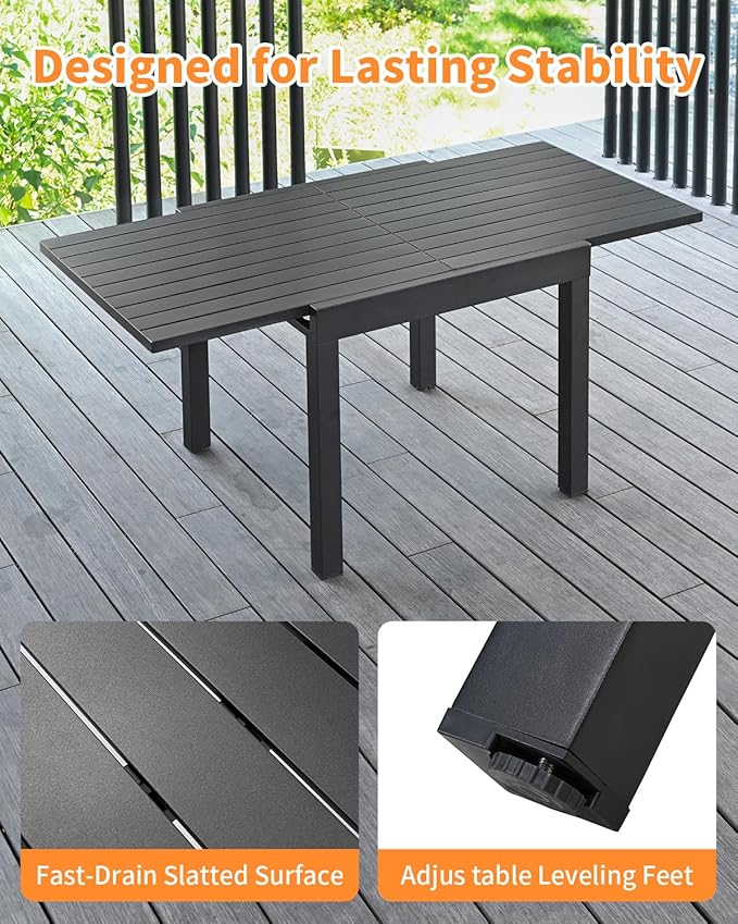 5 Pieces Outdoor Dining Set, Never-Rust Aluminum Expandable Patio Dining Table Set, 32"-65" Extendable Dining Table and Stackable Textilene Dining Chairs for Backyard, Deck, Indoor, Black