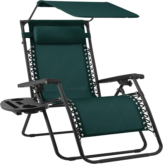 Best Choice Products 30” Wide Folding Zero Gravity Outdoor Recliner Patio Lounge Chair w/Adjustable Canopy Shade, Headrest, Side Accessory Tray - Forest Green