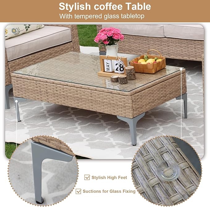 4-Piece Patio Furniture Set,Outdoor Wicker Patio Conversation Set with Tempered Glass Table,All-Weather Rattan Sectional Loveseat&Chairs with Thick Cushions for Garden,Deck,Backyard-Beige