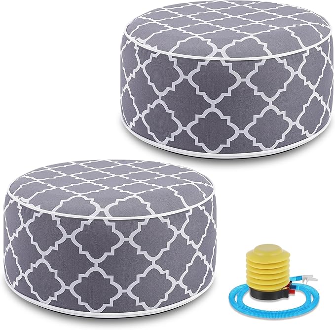 Juexica 2 Pack Outdoor/Indoor Inflatable Ottoman, All Weather Round Pouf with Handle D21 x H9, Water Repellent Portable Footstool Pouf for Patio Garden Camping or Home