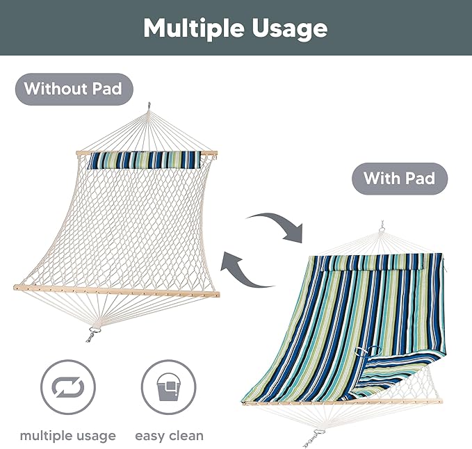 SUNCREAT Hammocks Outdoor Double Hammock with Hardwood Spreader Bar, Cotton Rope Hammock with Polyester Pad, Blue&Green