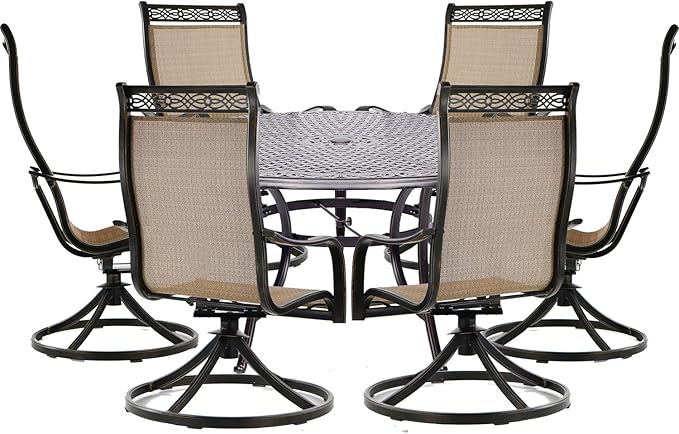 Hanover Manor 7-Piece Outdoor Dining Set with 6 PVC Sling 360 Degree Swivel Rockers, and Rust Resistant Aluminum Round Dining Table, Patio Dining Set for 6 for Backyard, Deck, Patio, Porch