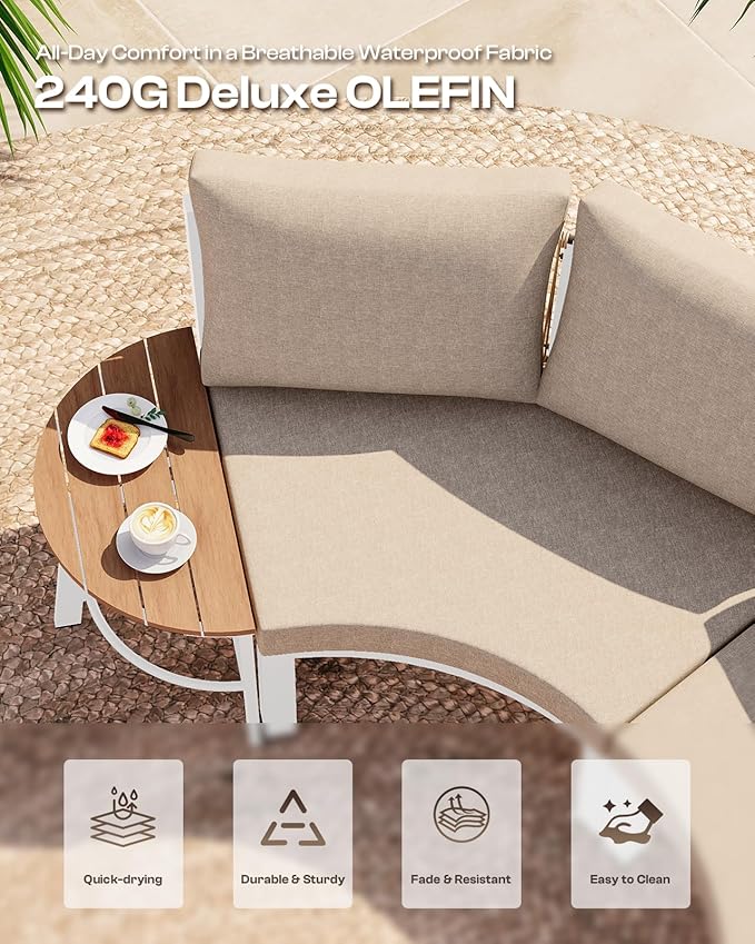 Outdoor Patio Furniture Set, 7 Piece Aluminum Curved Outdoor Sectional Sofas with Modular Coffee Table, PE Rattan Patio Conversation Sets, All-Weather Patio Couch Sets with Cushions, White