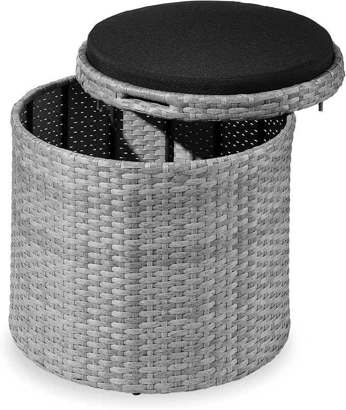Best Choice Products Round Wicker Ottoman, Multipurpose Outdoor Furniture for Patio, Backyard, Additional Seating, Footrest, Side Table w/Storage, Removable Cushions – Gray/Black