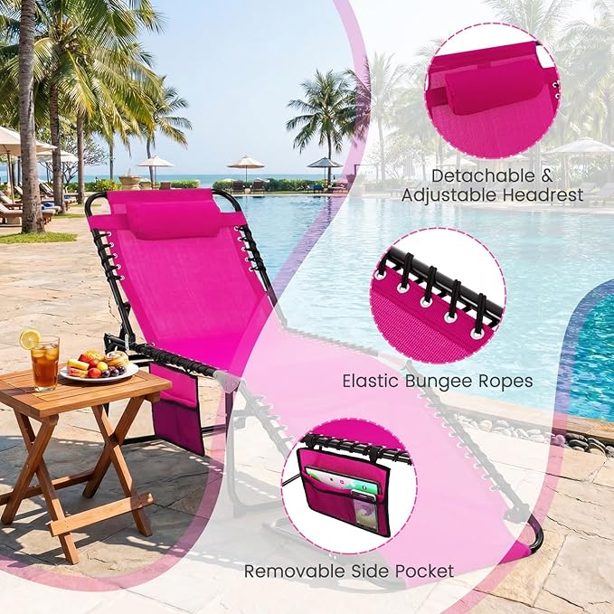 GYMAX Lounge Chairs for Outside, Extra High Folding Beach Tanning Lounger with 4-Level Adjustable Backrest, 2-Level Footrest & Removable Pillow, Sunbathing Lounge for Patio, Lawn, Poolside (2, Pink)