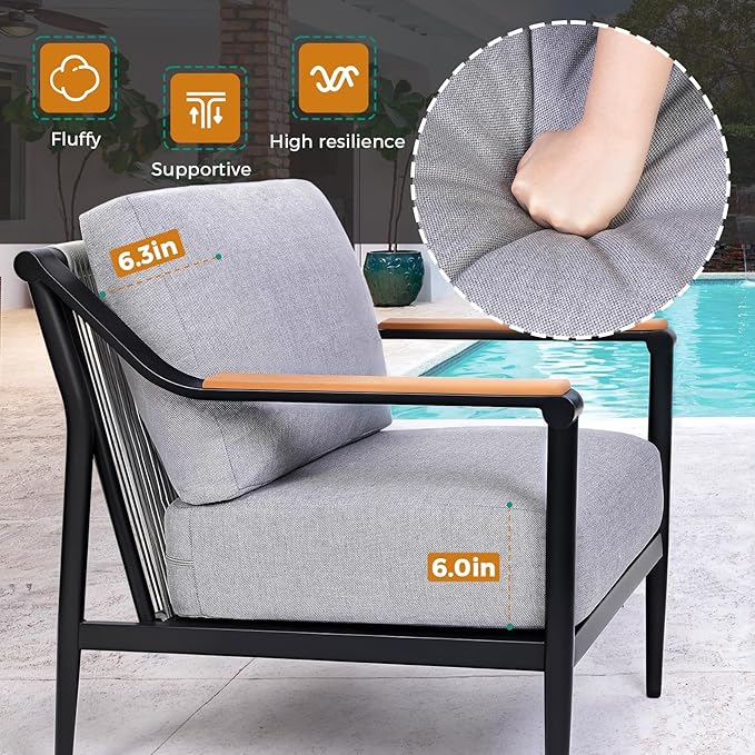 4 Pieces Outdoor Sofa Conversation Set, 4 Seats Couch Set with Table, Metal Frame Rope Weaving Design UV Resistance Waterproof for Patio Garden Balcony, Grey