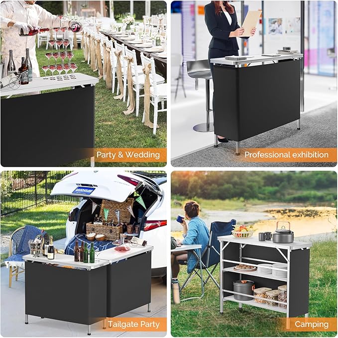 VINGLI 43" Portable Bar Table with Pole, 3-Tier Shelves, Mobile Bar Table for Events, Party, Camping, Picnic, Tradeshow, Indoor with Black Skirt