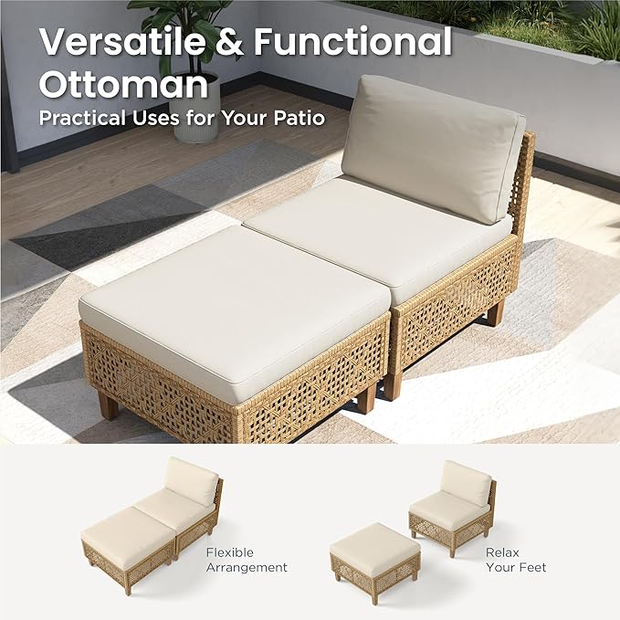 PHI VILLA Wicker Patio Furniture Set, Outdoor Sectional Couch with Cushions and Acacia Wood Coffee Table, U-Shaped Patio Conversation Set for Deck or Porch, 6 Seats, Beige