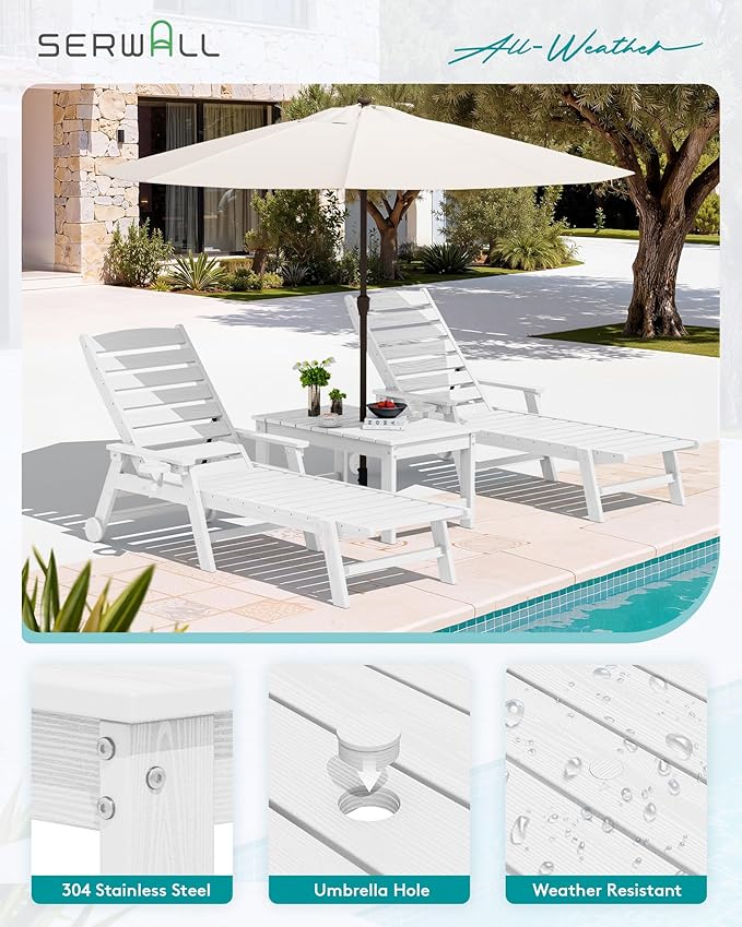 SERWALL Outdoor Coffee Table with 1.69" Umbrella Hole, HDPE Patio Coffee Table for Outside, Rectangle, White