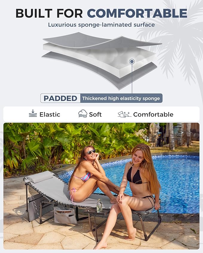 KingCamp Oversized Tanning Chair, Extra-Wide Padded Folding Chase Lounge Chairs Adjustable 5-Position 400lbs Heavy Duty Lounger with Double-Layer Oxford Canopy Shade for Outdoor Beach Patio Sun Pool