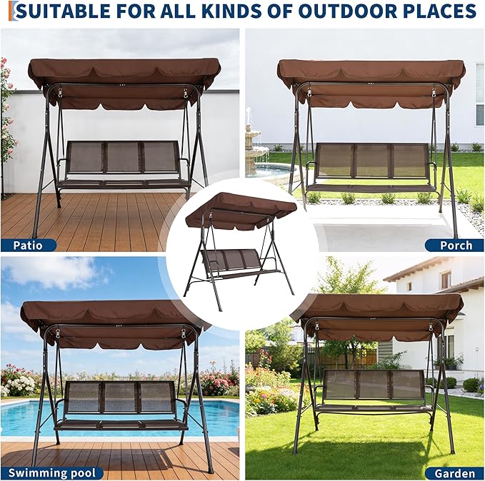 3-Seat Outdoor Patio Porch Swing with Stand, Waterproof Textilene & Adjustable Canopy, Steel Frame Swing Outdoor Chair for Backyard, Front Porch, Lawn, Garden