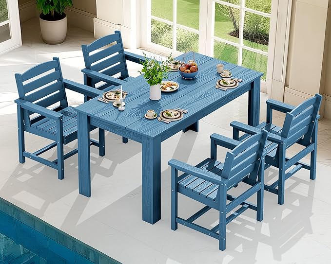 SERWALL HDPE Dining Set for 4, Outdoor Dining Sets for 4 Person with 1 Umbrella Hole Cut-Out Rectangular Table and 4 Chairs, Patio Dining Sets Blue