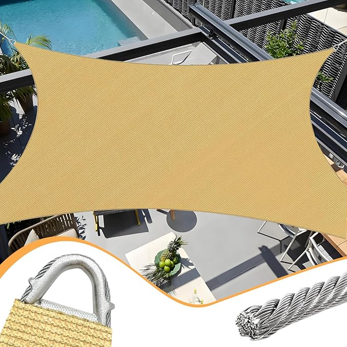 Upgraded with High-Strength Steel Cable Edges 20' x 24' Sun Shade Sail Sand Rectangle, Heavy Duty UV Blockage Outdoor Cover with Steel Wire Edges for Patio Garden
