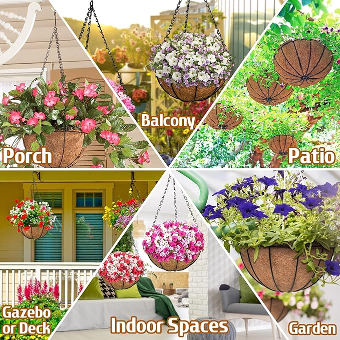 ZeeDix 6 Pack 14 Inch Metal Round Hanging Planter Basket with Coconut Liners Replacement, Hanging planters Baskets with Natural Coco Liner for Outdoor Indoor Planters Flowers Vegetables