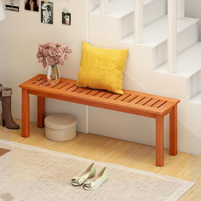 Tangkula 47 Inch Patio Wood Bench, 2-Person Backless Bench w/Slatted Seat, Indoor Outdoor Dining Bench for Backyard, Poolside, Entryway, Porch