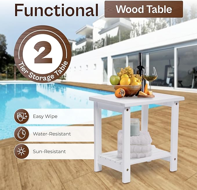 Outdoor Side Table, 2-Tier Acacia Wood End Table for Patio & Indoor Use, Small Rustic Accent Table for Covered Porch, Balcony, Living Room (White)
