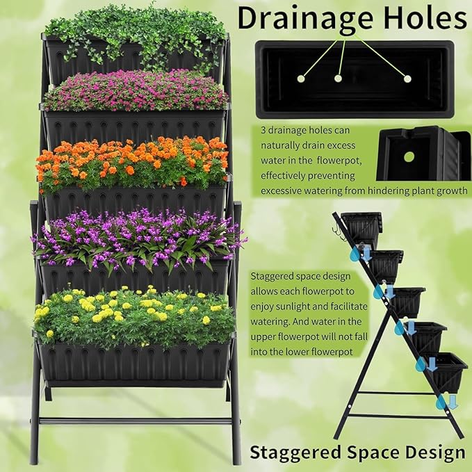 Homdox 2 Pack Vertical Garden Bed, 5 Tiers Vertical Raised Garden Planter, 23 * 26 * 45Inch Outdoor Garden Raised Bed with 4 Hooks, Vegetable Flower Planter Raised Stand for Garden Patio Yard, Black