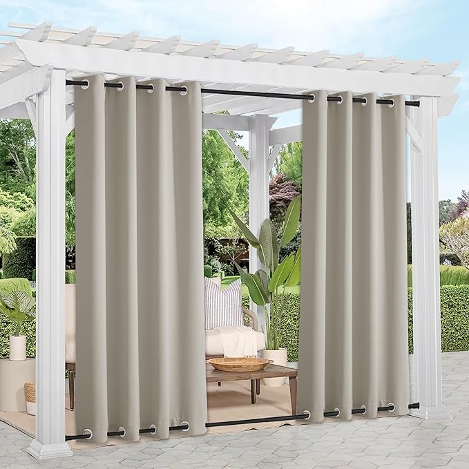NICETOWN 2 Panels Natural Outdoor Curtains for Patio Waterproof, Rustproof Top & Bottom Grommet Weighted Windproof Drapes Thermal Insulated Blackout Outdoor Blinds for Porch/Gazebo, W52 x L84