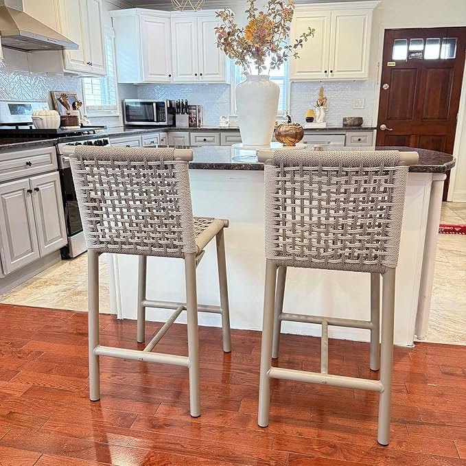 PURPLE LEAF Outdoor Bar Stools Set of 4 Aluminum Counter Height Wicker Stool with Back for Backyard Pool Lawn Kitchen Patio Metal Barstool Chairs Champagne