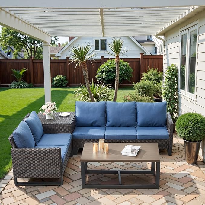 Belord 5-Seater Patio Conversation Set - 4 Piece Outdoor Sectional Furniture Set with Large Storage Box and Coffee Table Outdoor Patio Furniture Set for Garden Poolside Backyard Brown