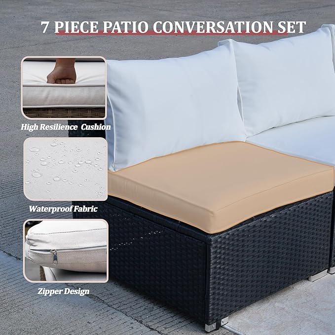 7 Piece Outdoor Patio Furniture Sets, Beige Patio Sectional Furniture All-Weather PE Rattan Sectional Sofa, Outdoor Wicker Conversatin Set w Glass Coffee Table for Backyard, Garden, Porch