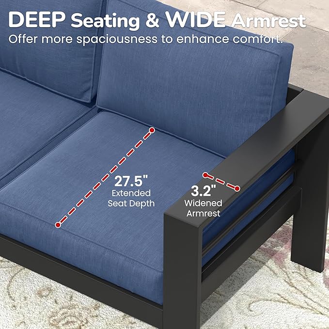 Solaste Aluminum Outdoor Couch, 3-Seat Metal Outdoor Sofa with Water-Resistant Cushion, Weather-Resistant Modern Patio Sofa, Black Frame Blue Cushion