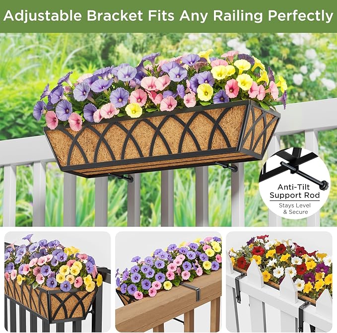 Y&M 24 Inch Window Deck with Coco Liner, Fence Metal Hanging Flower Planter Window Basket Deck Railing Planter Boxes for Outdoor Garden Lawn, 24" Window Boxes Horse Trough with Coconut Coir Liner,4pcs