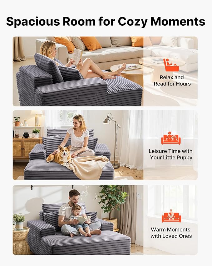 VEVOR Chaise Lounge Chair, 48 in Boneless Chaise Lounge Indoor, Modern Upholstered Oversized Reading Chair with Throw Pillows & Armrests, Sofa Couch Deep Seat Sleeper for Living Room, Bedroom, Balcony