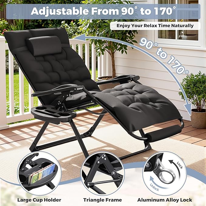 Homall Oversized Zero Gravity Chair, 32In Recliner Lounge Chair with Removable Soft Cushion and Cup Holder, Adjustable Anti Gravity Chair Folding Patio Chairs Padded for Indoor and Outdoor (Black)