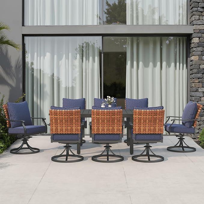 Grand patio 9-Piece Outdoor Dining Set, 8 Leather-Look Wicker Blue Swivel Patio Chairs & 1 Expandable Dining Table, Black