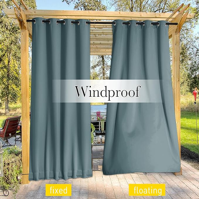 NICETOWN Outdoor Curtains for Patio Waterproof 108 inches Long 2 Panels, Windproof Thermal Insulated Top & Bottom Grommet/Back Tab Privacy Drapes with Rope for Fixed, Greyish Blue, W52 x L108