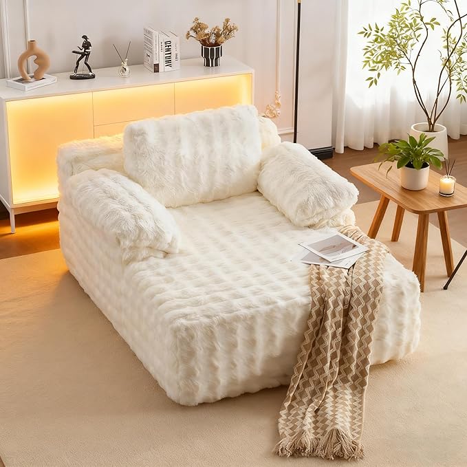 VINGLI 67.7" Oversized Chaise Lounge Chair Indoor Reading Chairs Comfy Bubble Fleece Upholstered Boneless Sofa Bed Sleeper Sofa Cloud Couches for Living Room, Bedroom, Play Room (White)